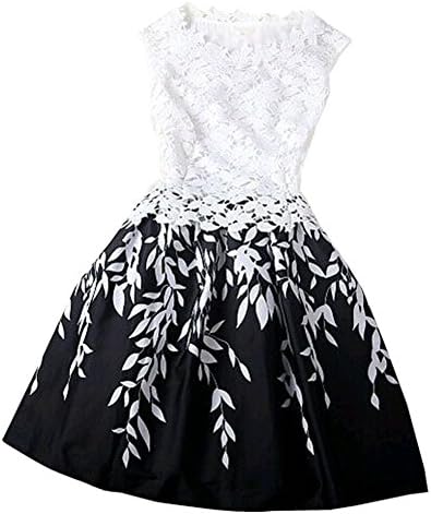 Englady Lady Sleeveless Lace Hollow Leaf Printed Casual Dresses Medium White