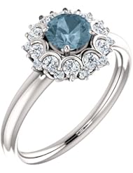 14K White Gold Round Cut Blue and White Diamond Flower Inspired Ring -- LIFETIME WARRANTY