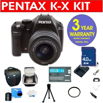 Pentax K-X 12.4 MP Digital SLR Camera with 18-55mm Lens + 4 GB Memory Card + 6 Piece Accessory Kit + Camera Holster Case + Multi-Coated Glass UV Filter + 3 Year CELLTIME Warranty Repair Contract