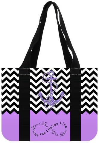 14.4L x 10.4H High Quality Modern Purple Block Chevron Zigzag Infinity Anchor Theme Print Multi Purpose 100% Canvas Tote Bag(Two Sides), Live the Life You Love, Love the Life You Live
