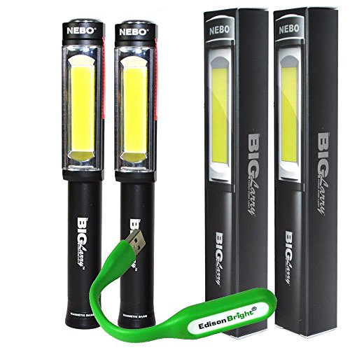 2 PACK Nebo 6306 Big Larry 400 lumen Flashlight Super Bright COB LED Magnetic Worklight with EdisonBright USB powered reading light bundle