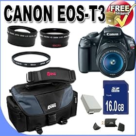 Canon EOS Rebel T3 12.2 MP CMOS Digital SLR with 18-55mm IS II Lens and EOS HD Movie Mode (Black)+ 58mm 2x Telephoto lens + 58mm Wide Angle Lens (3 Lens Kit!!!)W/16GB SDHC Memory +Extra Battery+UV Filter+Canon Gadget Bag+Accessory Kit