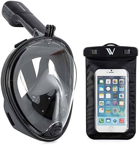 Wanderluxe Full Face Snorkel Mask | Anti-fog &amp; Anti-leak | Breathe Easy with Our Tubeless Design and Enjoy a Full 180 Degree Viewing Experience! Includes FREE Cell Phone Dry Bag! (Black, S/M)