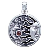 Sterling Silver Sun, Moon and Stars Natural Garnet Pendant