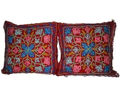 2 Dark Red Kashmir Floral Cotton Embroidered Decorative Accent Pillows Case 16"