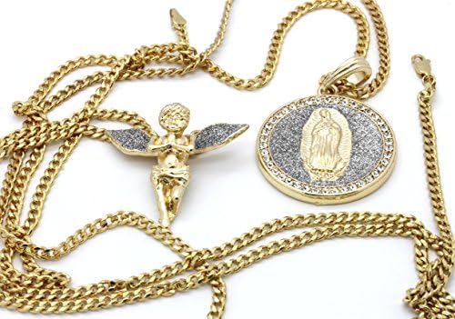 Mens 14k Gold Plated Silver Stardust Long Wings Angel & Guadalupe Pendants 30" Cuban