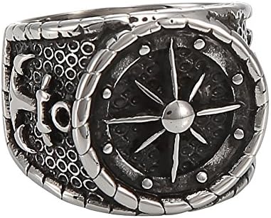 Stereoscopic 3D Compass and Anchor Ring, Stainless Steel Gothic Biker