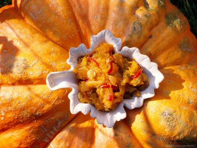 Still Life: Pumpkin Chutney in Dish Placed on Pumpkin by Linda Burgess
