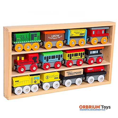 Orbrium Toys 12 Pcs Wooden Engines & Train Cars Collection Compatible with Thomas Wooden Railway, Brio, Chuggington