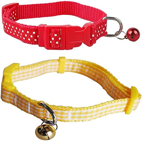 Karlotte Pet 3/8" Pack of 2 Polka Dot and Plaid Print Adjustable Nylon Cat Kitten Collars with Cute Bell
