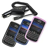4 Pieces Combo of Black, Dark Blue and Pink Silicone Skin Cover Cases with Car Charger for Blackberry 9630 Niagara Tour