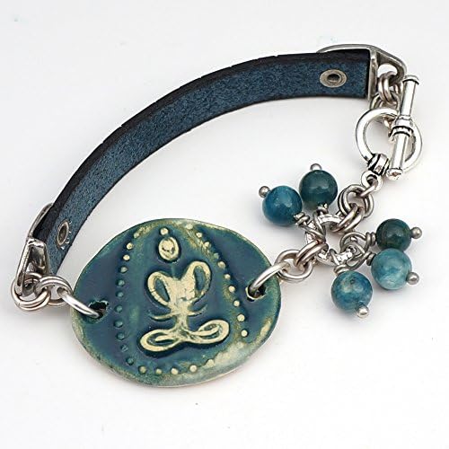 Blue Buddha bracelet, ceramic and leather, silver, apatite beads, 7 inches long