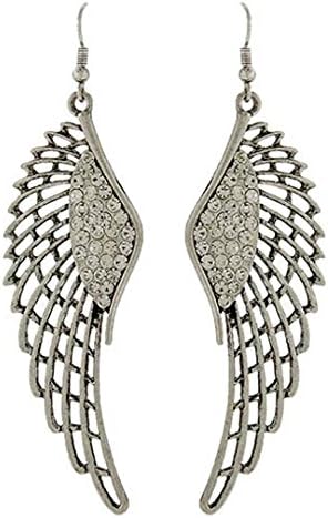 Angel Wing Earrings Z39 Clear Crystal Dangle Fish Hooks Burnish Silver Tone