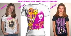 JUSTIN BIEBER YOUTH SHIRT FAN PACK - THREE JUSTIN T-SHIRTS FOR YOUTH SIZES - JUSTIN BIEBER FAN CLUB PACK