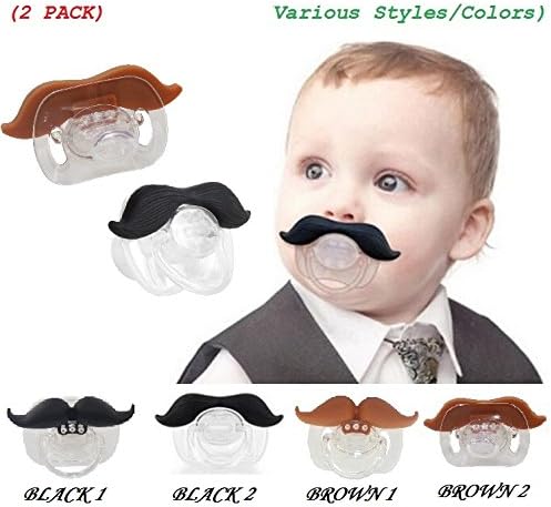(2 PACK) The Best Mustache Pacifier For Baby With High Quality (Various Styles / Colors) - A Funny Toys And Good Night's Sleep With Brown & Black Cute Pacifier For Newborn, Toddler, Boys And Girls (From 0 - 3 months, 3 - 6 months, 6 - 12 months, 12+) With Special Beautiful Design - Ideal Gift For Your Lovely Baby (Black 2 - Brown 2)