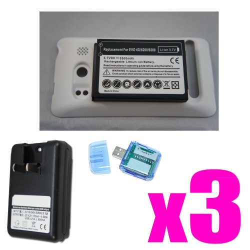 HTC Evo 4G 3500mAh Extended Battery + Cover (White) + Standard Wall Charger + All in One Card Reader/writer