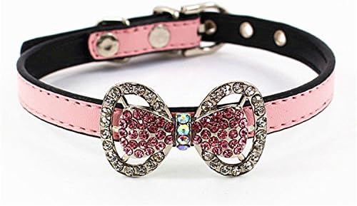 Esenfa Cute Crystal Pink Leather Bow Tie Pet Necklace for Cat or Dog