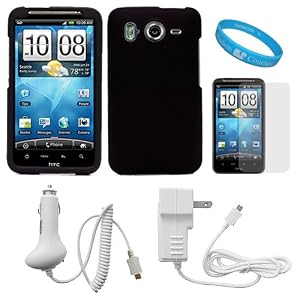 Black Durable Protective Rubberized Crystal Hard Case Cover for AT&T Wireless New HTC Inspire 4G Android Smart Phone + Clear Screen Protector + White Rapid Travel Wall Charger with IC Chip + White Rapid Car Charger with IC Chip + SumacLife TM Wisdom Courage Wristband