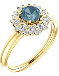 10K Yellow Gold Round Cut Blue and White Diamond Flower Inspired Ring -- LIFETIME WARRANTY