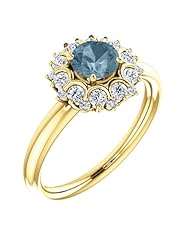 14K Yellow Gold Round Cut Blue and White Diamond Flower Inspired Ring -- LIFETIME WARRANTY