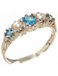Solid 925 Sterling Silver Genuine Natural Blue Topaz & Pearl VINTAGE style Ring - Finger Sizes 4 to 12 Available