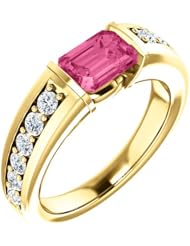 18K Yellow Gold 7.00x5.00mm Emerald Cut Pink Tourmaline and Diamond Ring -- LIFETIME WARRANTY