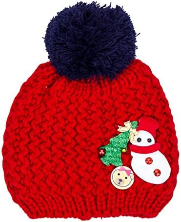 Holiday Red Baby Boy Girl Crochet Knitted Christmas Hat with Snowman, Xmas Tree and Bear Decoration