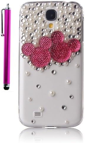 Aenmil(TM) 3D Bling Crystal Pearl Mickey Minnie Mouse Diamond Transparent Case for Samsung Galaxy S4 / SIV / i9500 and Free Gift Hot-pink Touch Pen (Hot-pink)