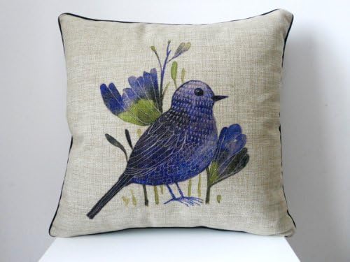 Decorbox Cotton Linen Square Throw Pillow Case Decorative Cushion Cover Pillowcase with Black Border Watercolor Blue Bird 18 "X18 "