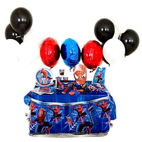Spiderman Party in a Box, Childrens Party Supplies, 25 Settings - 3 Foil Balloons, 15 Latex Balloons, 3 Spiderman Room Banners, 25 Spiderman Plates, Cups and Napkins, 3 Spiderman Table covers, 25 Spiderman Pre-Filled Deluxe Party Bags filled with 9 toys and sweets, 25 Spiderman Invitations and 25 Spiderman Masks