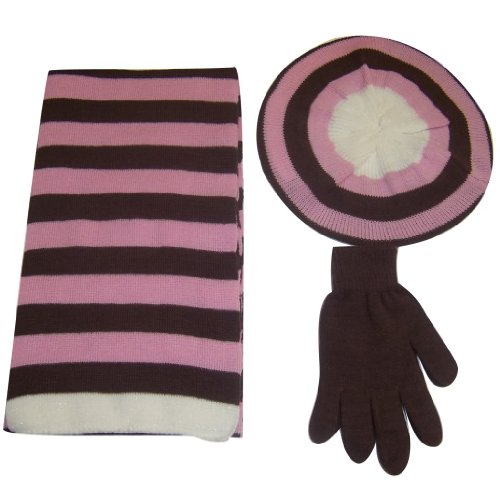 Ladies Striped Knit Beret Hat, Scarf and Glove Set