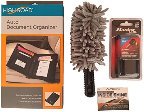 Car Organizer Bundle: Car Document Organizer by High Road, Car Dashboard Cleaner, Magnetic Key Holder for Car (Black)