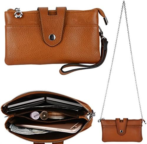 YALUXE Women's Large Capacity Cowhide Leather Wristlet Wallet Smartphone Clutch with Metal Shoulder Chain Brown