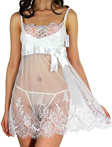 Aggeg Women Sexy Lingerie Transparent Splicing Bow Strap Lovely Lace Dress White
