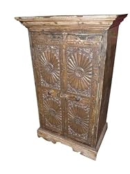 Antique India Jaipur Style Carved Sunburst Teak Armoire Side Cabinet 41x25x14