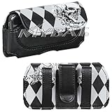 Premium Black with White Winged Skull Argyle Diamond Pattern Roller Printing Design Leather Horizontal Pouch Carry Case Belt Clip for Nokia E71X, Palm Pixi, Pixi Plus, Pantech C820 MatrixPro, Samsung A897 Mythic, i910 Omnia, M800 Instinct, M810 S30 Instinct, R800 Delve, R810 Finesse, R850 Caliber, R
