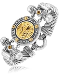 18K Yellow Gold and Sterling Silver Fancy Coin Motif Cable Style Bracelet