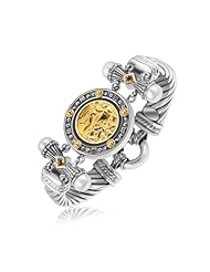 18K Yellow Gold and Sterling Silver Fancy Coin Motif Cable Style Bracelet