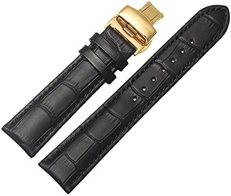 14mm Black Genuine Leather Watch Band+gold Push Button Butterfly Deployant Clasp Buckle