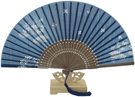 Japanese Design Silk Handheld Folding, Blue With Fine Flowers HF73