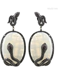 Couturechics 14k Gold and 925 Sterling Silver 94.73 Ct Rainbow Moonstone & Ruby Gemstone Black Diamond Pave Fashion Snake Designer Dangle Cocktail Earrings Handmade Jewelry