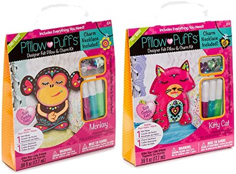 Pillow Puffs Monkey and Kitty Cat No Sew Felt Pillow Kits (Set of 2) with Charm Necklaces Included