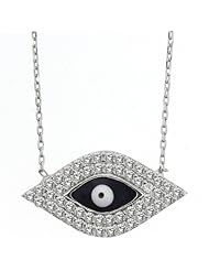 Sterling Silver Zirconia Double Row Evil Eye Pendant Necklace 16"+2" Extender