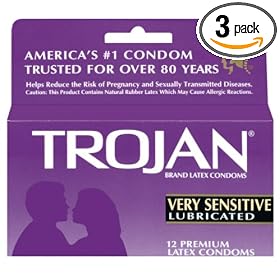 Trojan Very Sensitive Latex Condoms, Lubricated, 12-Count Boxes (Pack of 3) by