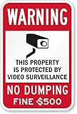 SmartSign 3M Engineer Grade Reflective Sign, Legend "Warning: Video Surveillance No Dumping Fine $500" with Graphic, 18" high x 12" wide, Black/Red on White