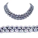 AugustinaJewelry Triple Strand 16-18 Inches 7-8mm Black Oval Shape Freshwater Cultured Pearl Necklace