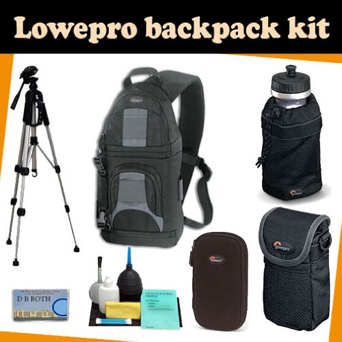LowePro Backpack kit which includes the Lowepro Slingshot 100 All Weather Backpack (Black) + TR-60N Camera Tripod + Sliplock pouch 10 + DMC-Z wallet for memory card(s), batteries, Mini DV tapes and more + Lowepro Mesh Water Bottle Bag for 32oz. Size Bottles + Camera lens Cleaning kit + DB ROTH Micro Fiber Cloth.