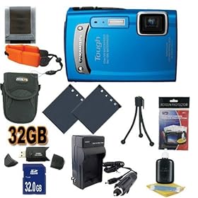 Olympus TG-310 14 MP Digital Camera (Blue) (228050) 32GB SDHC Super Accessory Saver Kit