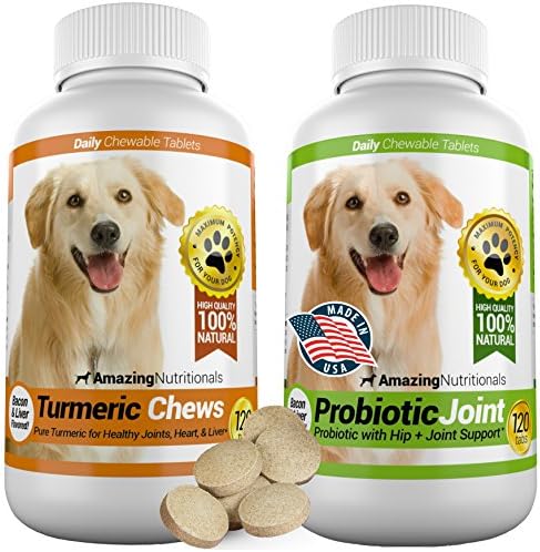 Amazing Combo Dog Turmeric and Probiotics for Dogs - Pure All-Natural Pet Antioxidant - Promotes Shiny Coat, Brain Health, Eliminates Diarrhea Gas and Joint Pain, 120 Tasty Chews x 2