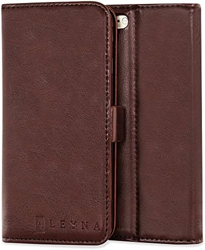 iPhone 6 PLUS, 6S PLUS Leather Wallet Case by ALEYNA | Top Layer Leather | Extra Strong Magnet and Kickstand Function | %100 Handmade Flip Leather Case for Apple | Genuine Cowhide Leather (Brown)